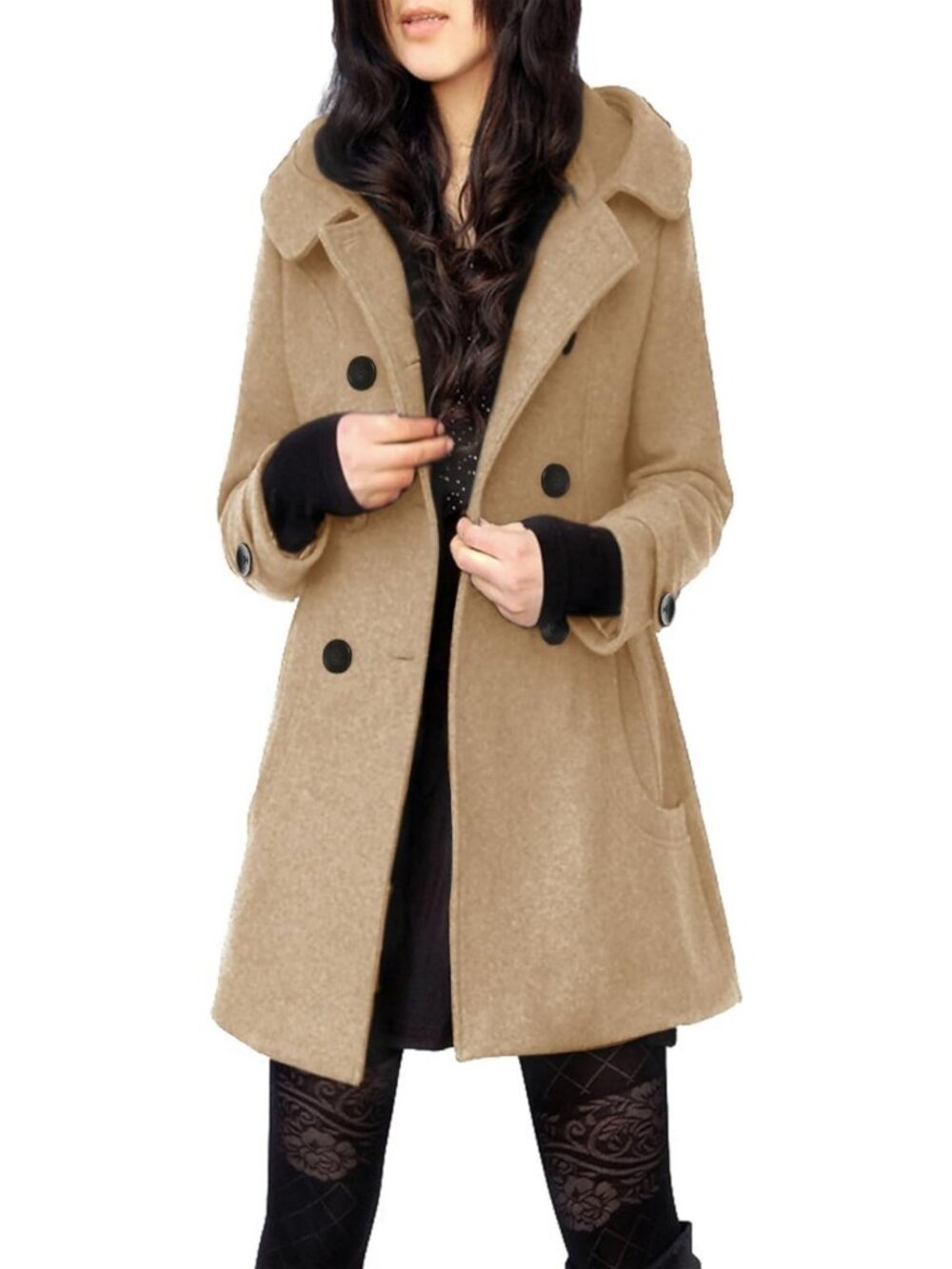 Cozy Women's Hooded Wool Blend Peacoat - Stylish Mid-Length Outerwear